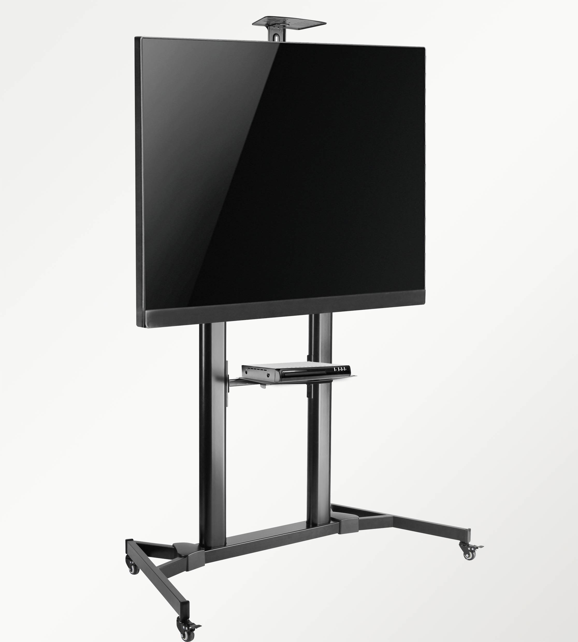 Un grand écran noir sur un support mobile en métal avec des roulettes. Un petit projecteur est monté en haut du support.