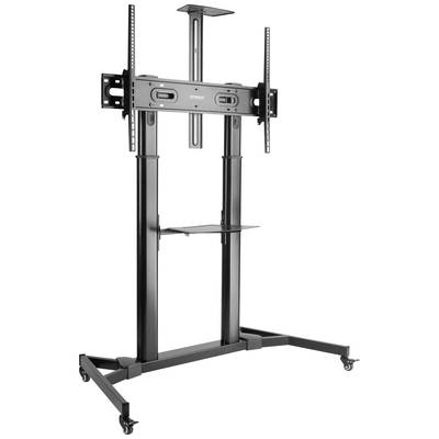 Chariot de télévision en métal avec support réglable et roulettes, adapté pour les présentations ou le bureau, avec une surface de rangement supplémentaire.