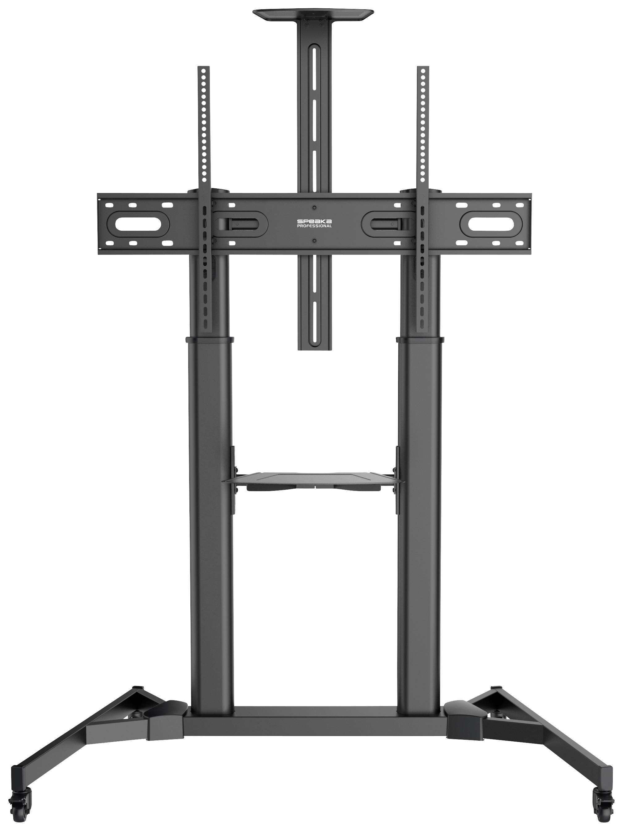 Support mobile pour téléviseur avec support, tiges métalliques réglables en hauteur et roulettes. Adapté aux grands écrans, polyvalent.