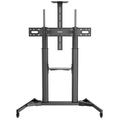 Support mobile pour téléviseur avec support, tiges métalliques réglables en hauteur et roulettes. Adapté aux grands écrans, polyvalent.