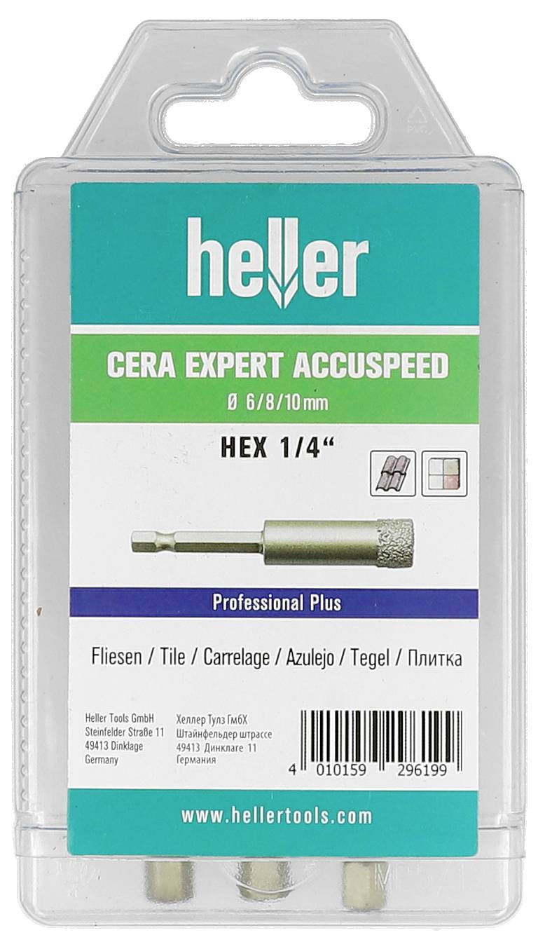 Boîtier de vente au détail en plastique transparent pour l'ensemble de forets pour carrelage Heller Cera Expert Accuspeed à queue hexagonale 1/4 pouce, étiqueté avec les détails du produit et le code-barres.