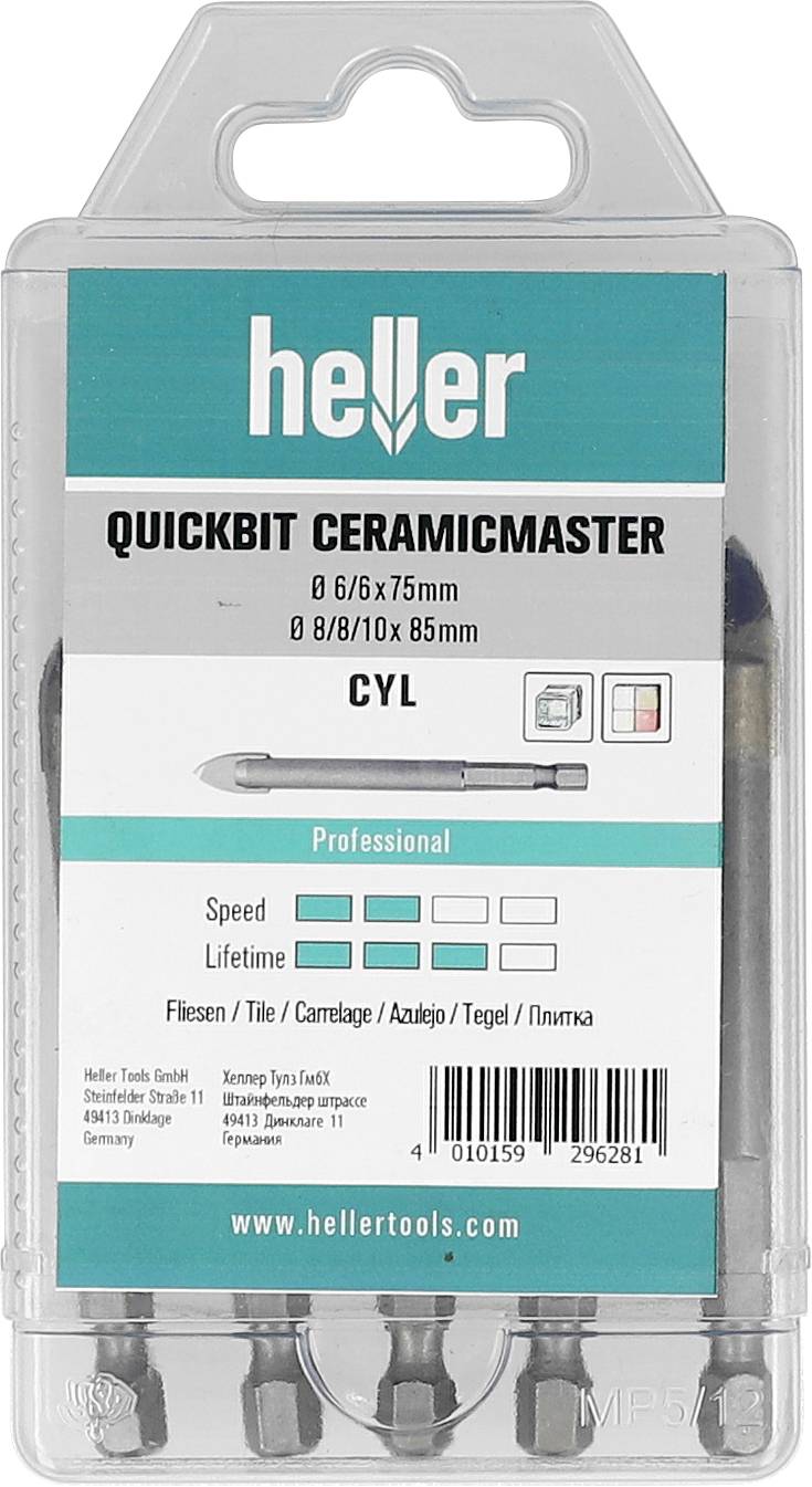 Emballage plastique de forets Heller Quickbit Ceramimaster, étiqueté « CYL » et « Professional », contenant six forets pour carrelage, verre, céramique et maçonnerie.