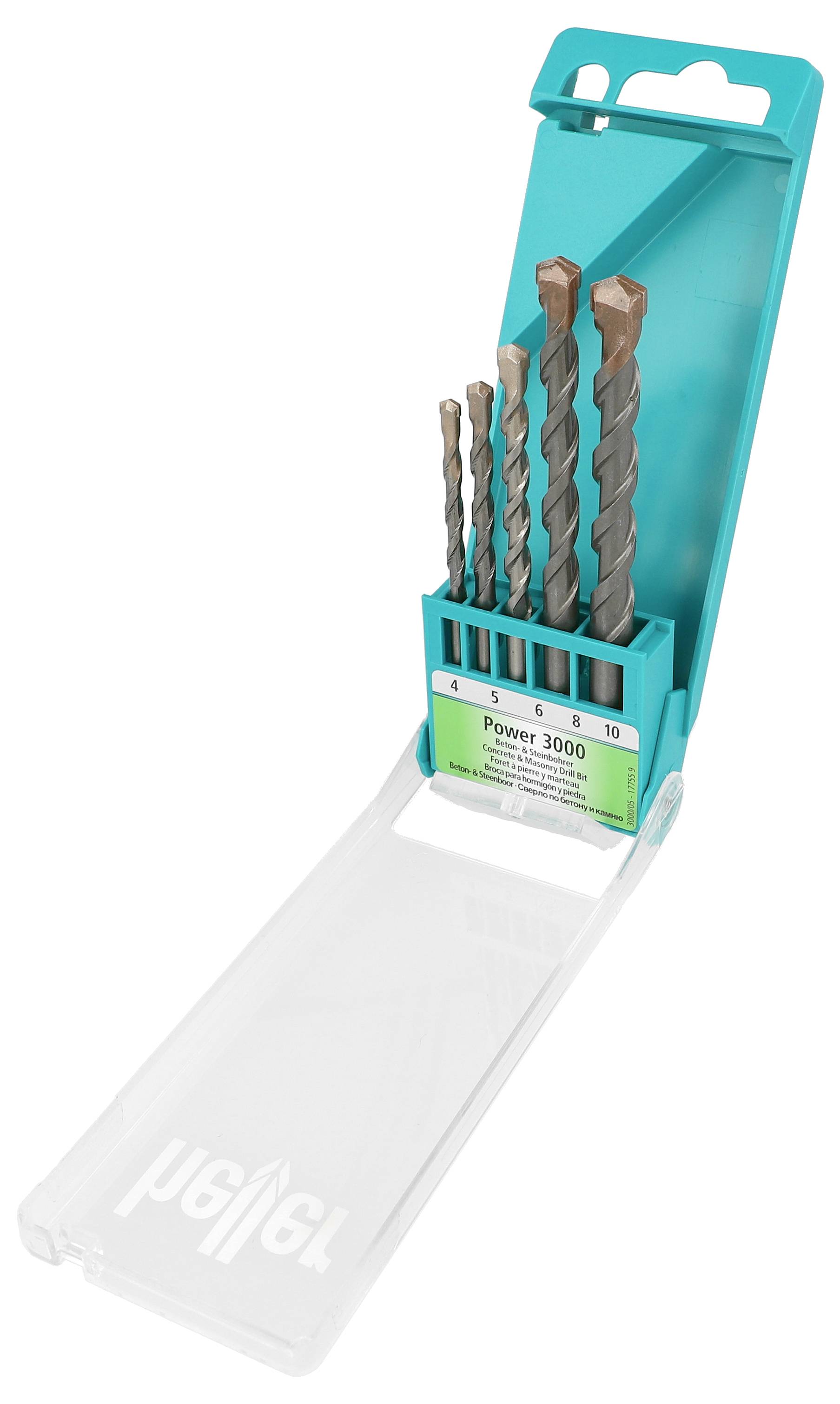 Un ensemble de forets turquoise dans un étui en plastique avec cinq forets pour maçonnerie, étiqueté « Power 3000 », présenté ouvert sur fond blanc.