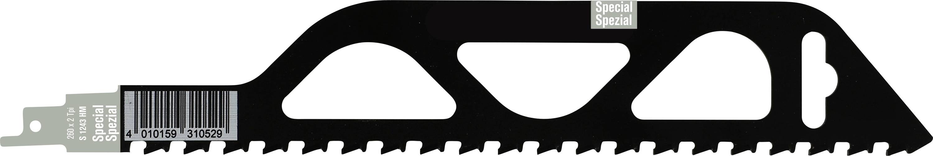 Silhouette d'une lame de scie alternative avec un fourreau à changement rapide sur la gauche et des dents le long du bord inférieur.