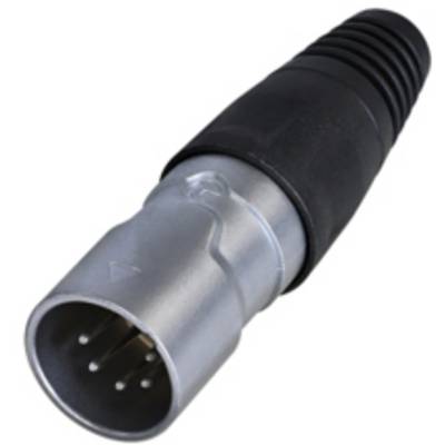 Un connecteur XLR noir et argenté, typiquement utilisé pour les connexions audio, avec quatre broches visibles.