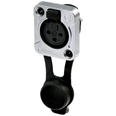 Connecteur métallique à bords arrondis avec support en plastique noir ; utilisé pour relier des appareils électriques.