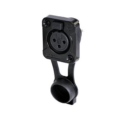 Prise électrique noire avec couvercle de protection rabattable, adaptée à une utilisation extérieure. Quatre broches visibles. Robuste et résistante aux intempéries.