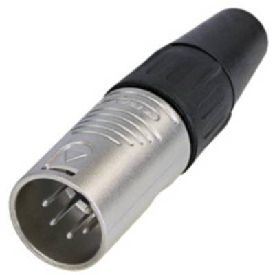 Une fiche XLR, métallique et cylindrique, sert à connecter des appareils audio. Elle possède trois broches et un boîtier en plastique noir.