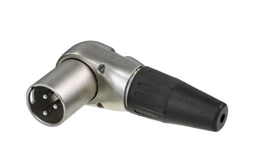 'Un connecteur XLR argenté et noir dans un design d'adaptateur coudé.'
