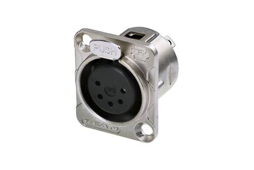 Connecteur métallique avec façade avant ronde et noire, motif de trous circulaires, marquage 'PUSH' en haut, adapté pour les connexions audio.