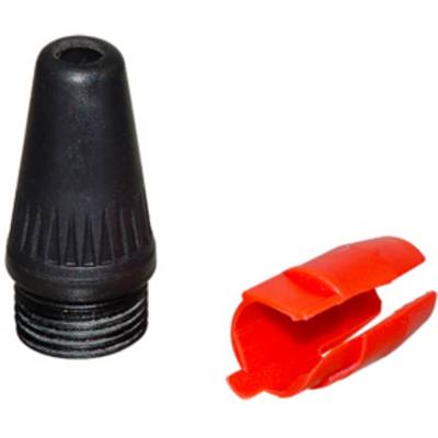 Bouchon à vis noir strié à côté d'un clip en plastique rouge ouvert sur un fond blanc.