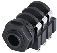 Connecteur noir à quatre pôles avec des bords arrondis et des attaches métalliques, adapté aux connexions de câbles dans les appareils électroniques.