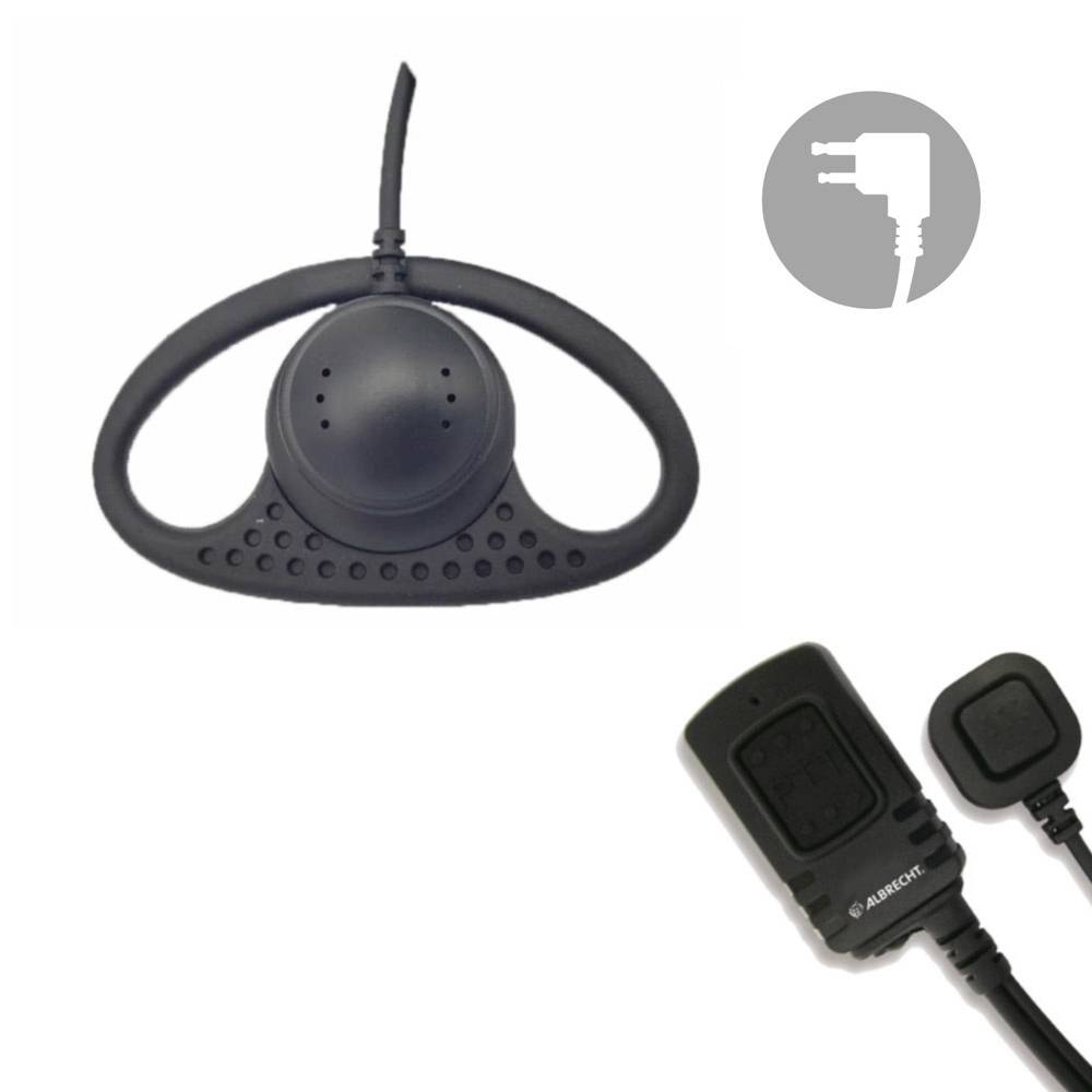 Un système de microphone noir avec support rond et câble de connexion, à côté de deux fiches électriques. Un symbole représente une fiche.