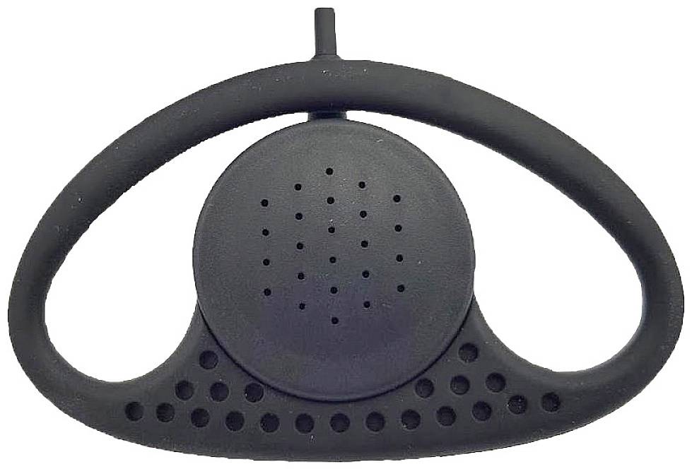 Étui en silicone noir pour un objet rond à surface perforée et poignée, probablement un accessoire pour enceinte.