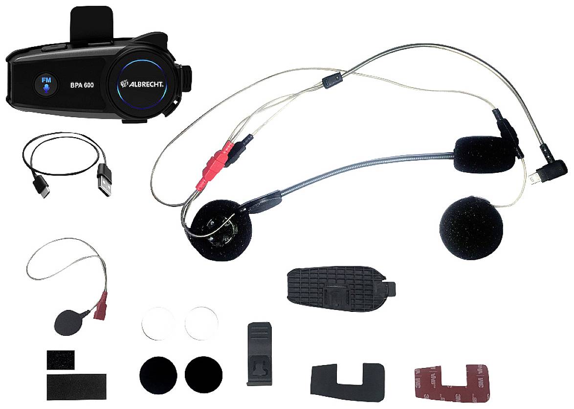 Albrecht BPA 600 : Casque Bluetooth noir pour casques de moto avec microphone, haut-parleurs, câbles et éléments de fixation.