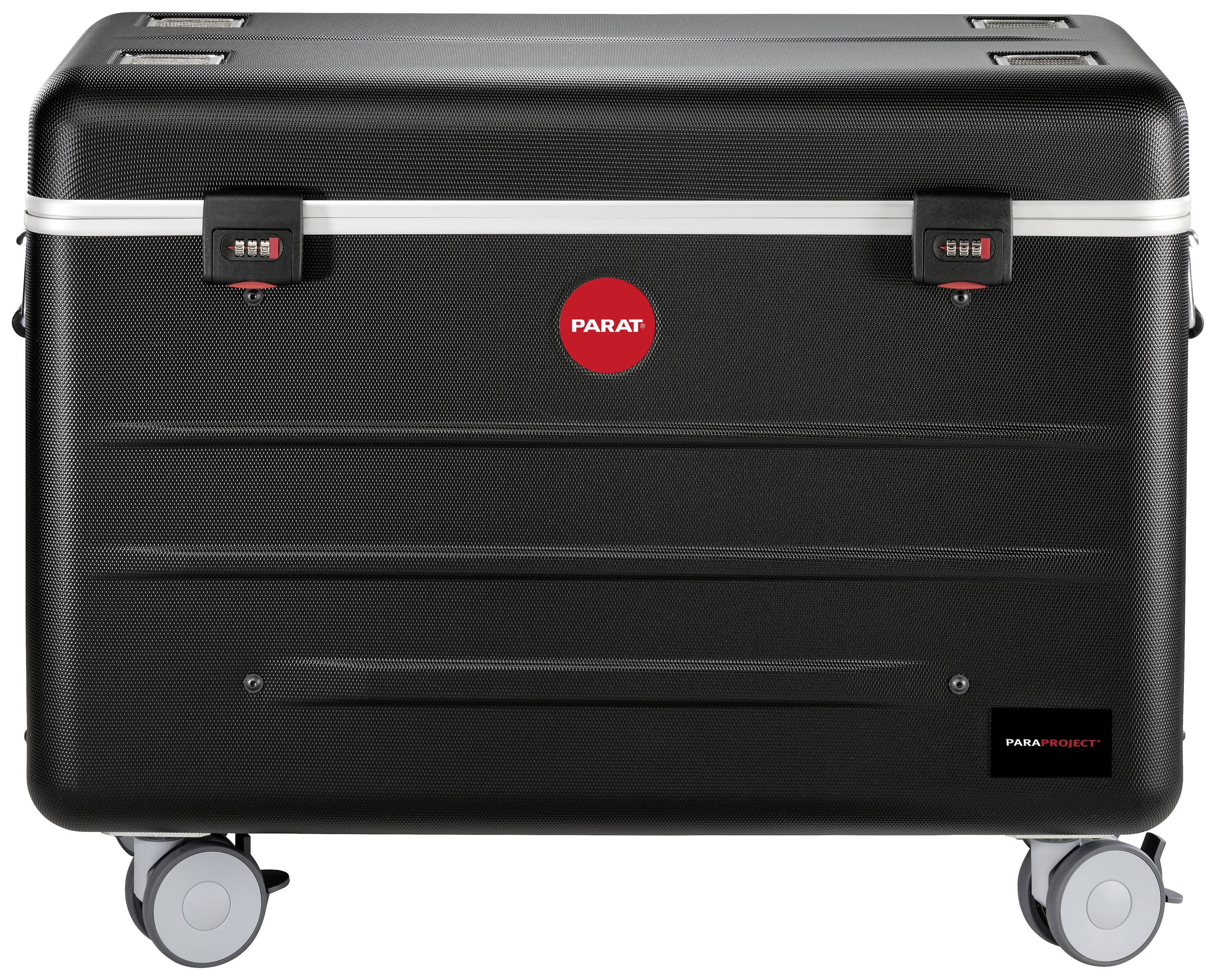 Une grande valise à roulettes noire avec deux cadenas à combinaison et un logo rouge 'Parat' au centre de la face avant.