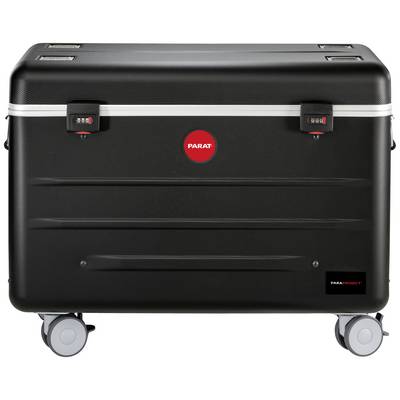 Une grande valise à roulettes noire avec deux cadenas à combinaison et un logo rouge 'Parat' au centre de la face avant.
