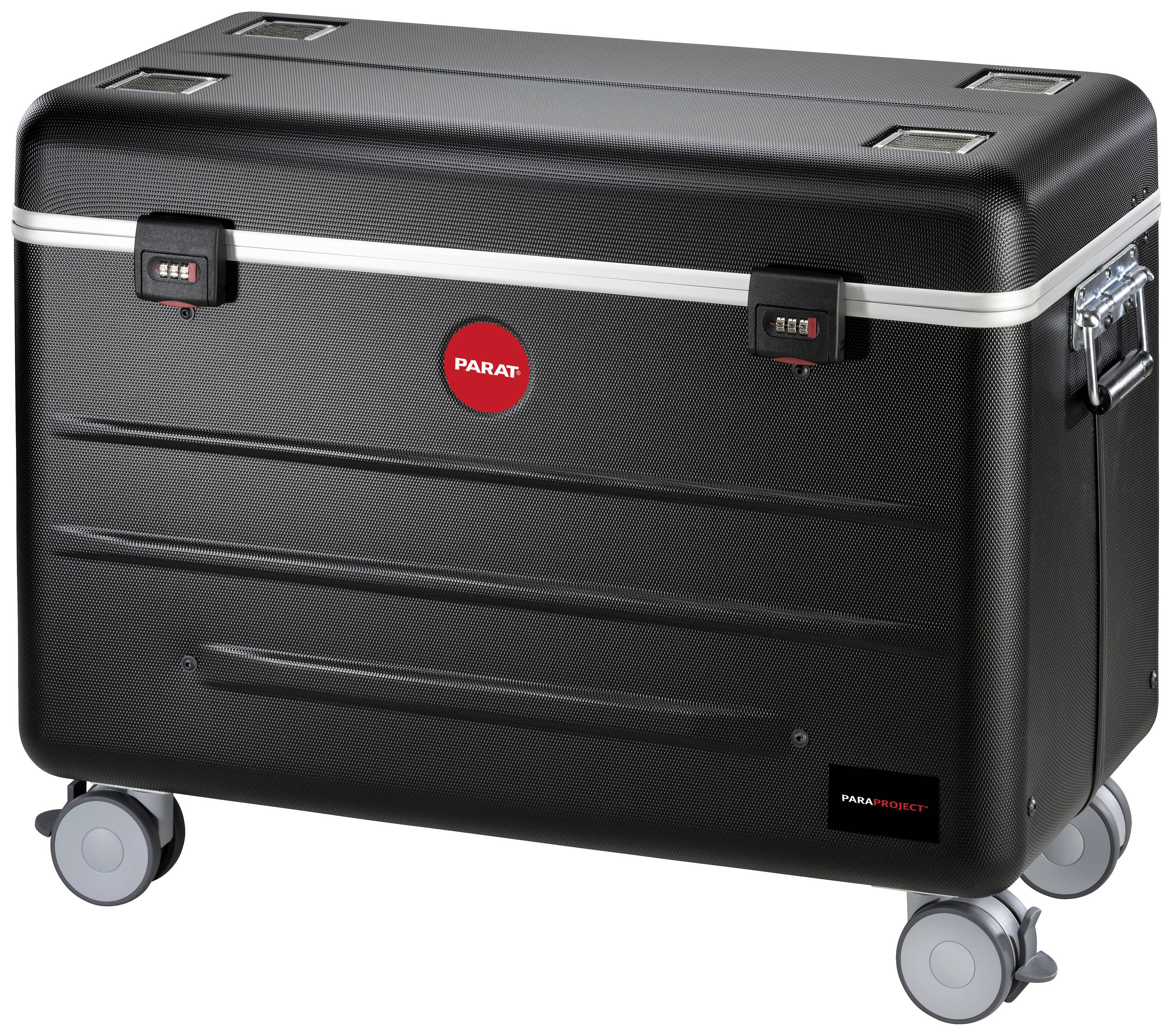 Grande valise de transport noire sur roulettes, dimensions 750x416 mm. Logo rouge au centre. Poignée robuste sur le côté droit.