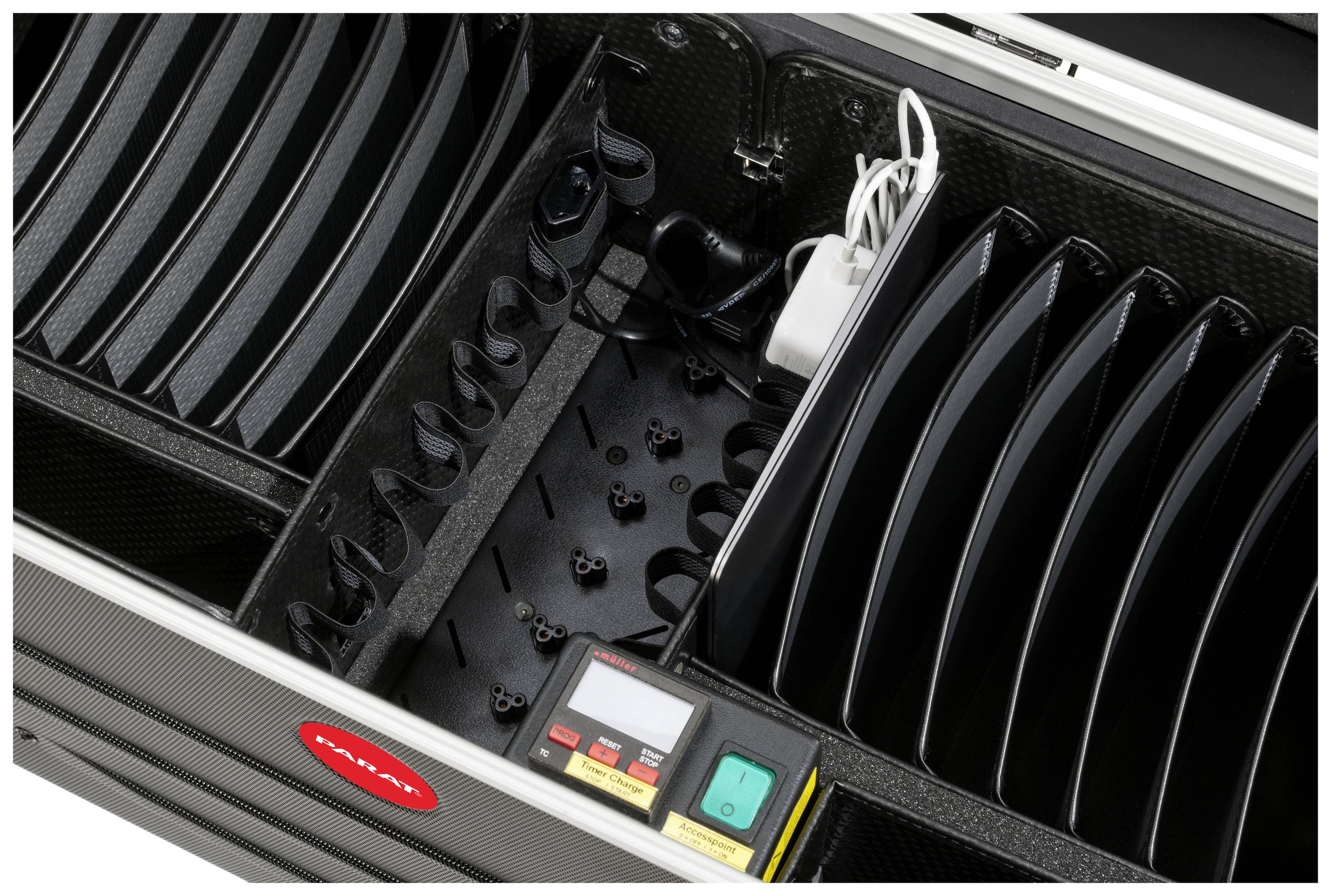 Station de charge pour batteries de vélos électriques avec plusieurs emplacements et un bloc d'alimentation, conçue pour un chargement et un rangement efficaces.