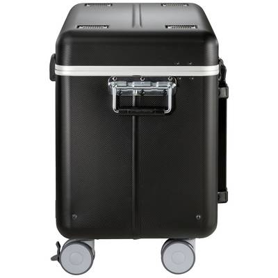 Une valise rigide noire à quatre roues et avec une poignée argentée, vue de face. Idéale pour les voyages.