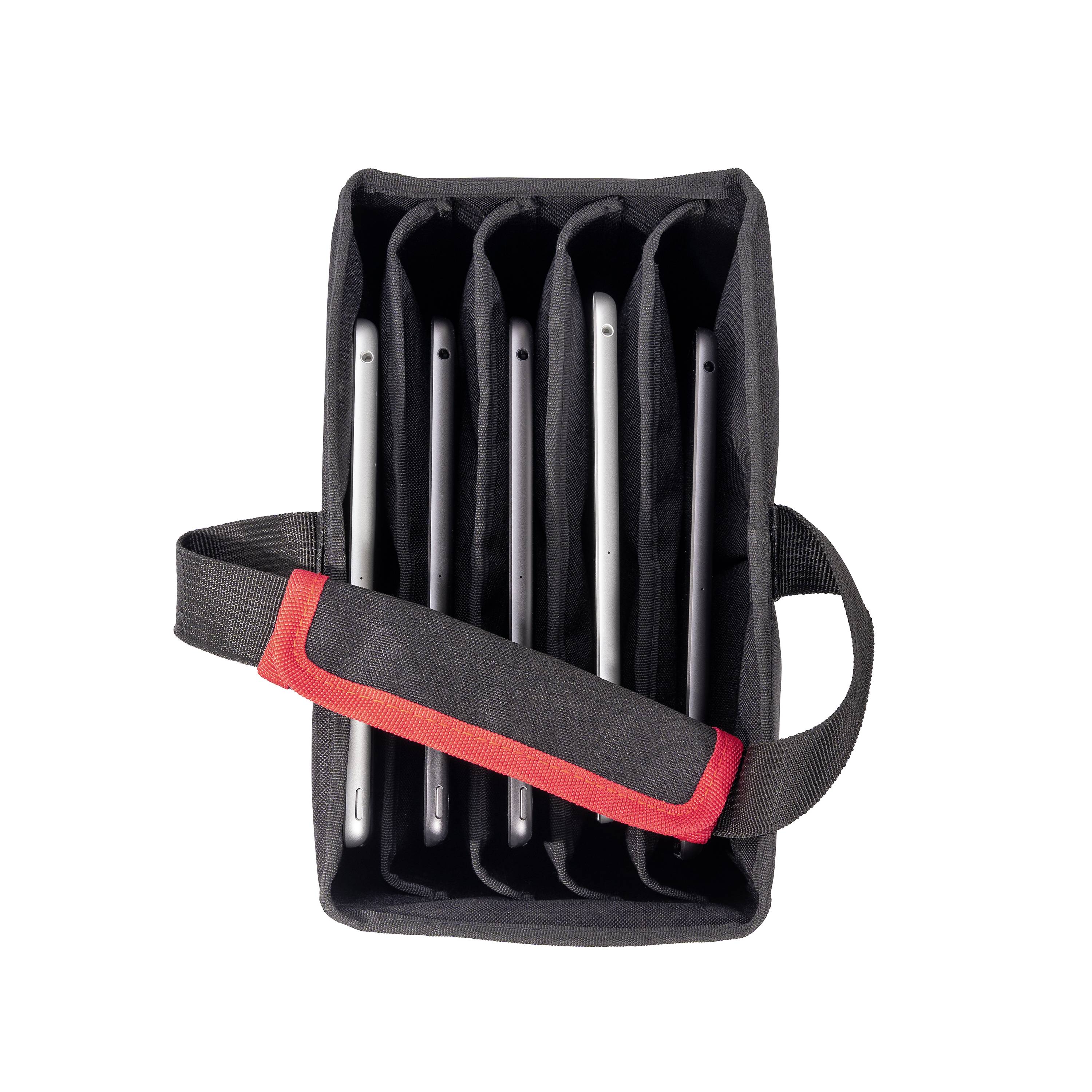 'Sacoche avec cinq tablettes dans des compartiments séparés pour un transport organisé. Sacoche en tissu noir avec une poignée rouge.'