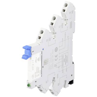 Un module relais étroit et blanc avec une étiquette bleue de déverrouillage. La surface présente des spécifications techniques détaillées.