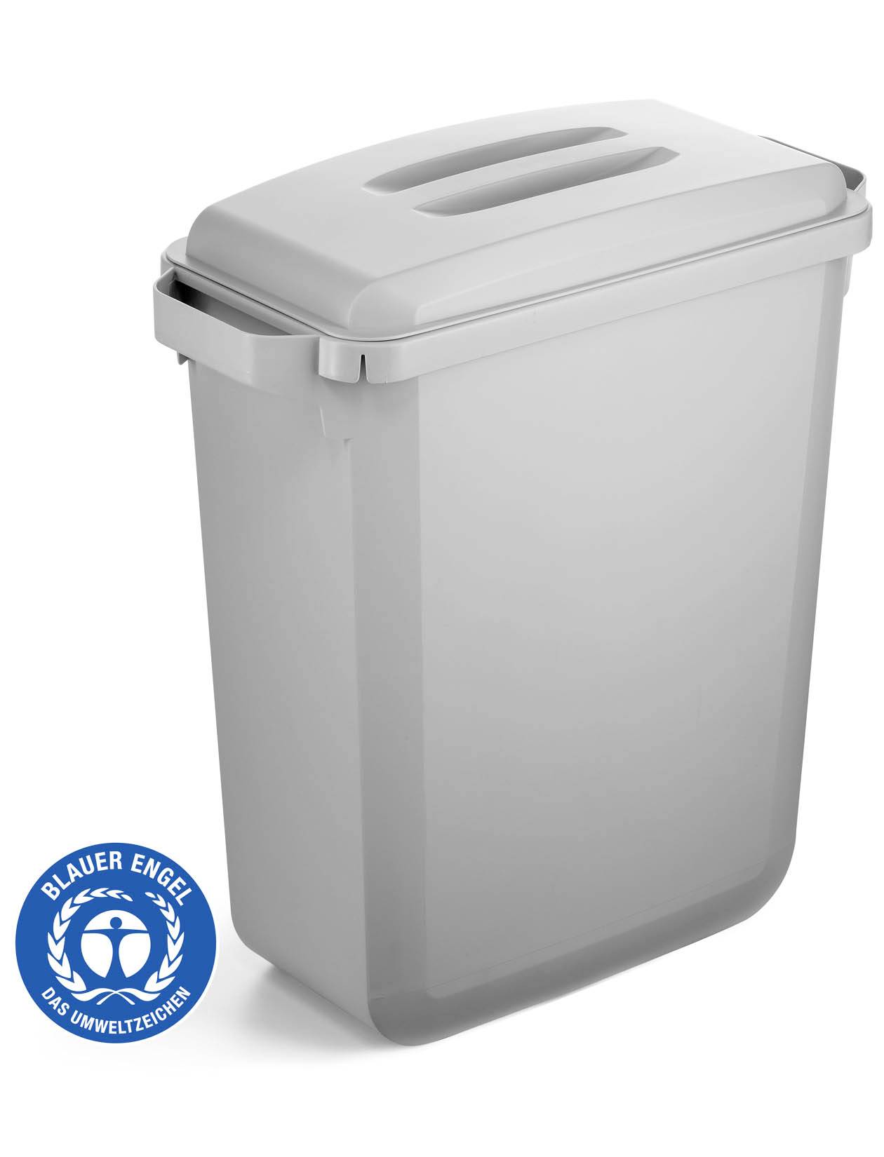 Poubelle grise avec couvercle et poignées, certifiée par l'écolabel 'Ange Bleu'.