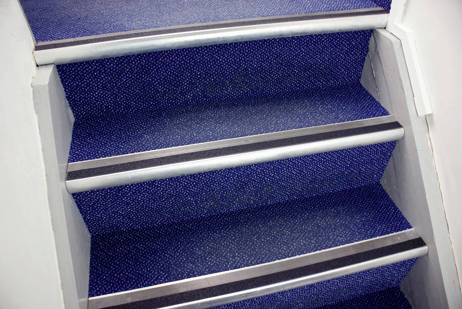 Marches d'escalier recouvertes d'un tapis bleu avec des bandes antidérapantes noires sur les bords avant.