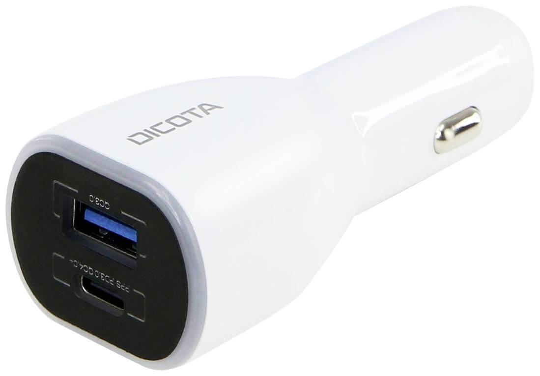 Chargeur de voiture blanc avec deux ports USB. Marque Dicota.
