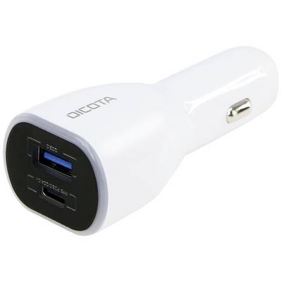 Chargeur de voiture blanc avec deux ports USB. Marque Dicota.