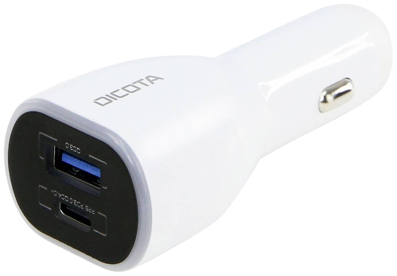 Chargeur de voiture blanc avec deux ports USB et l'inscription 'DICOTA' sur le dessus. Idéal pour charger simultanément plusieurs appareils dans la voiture.