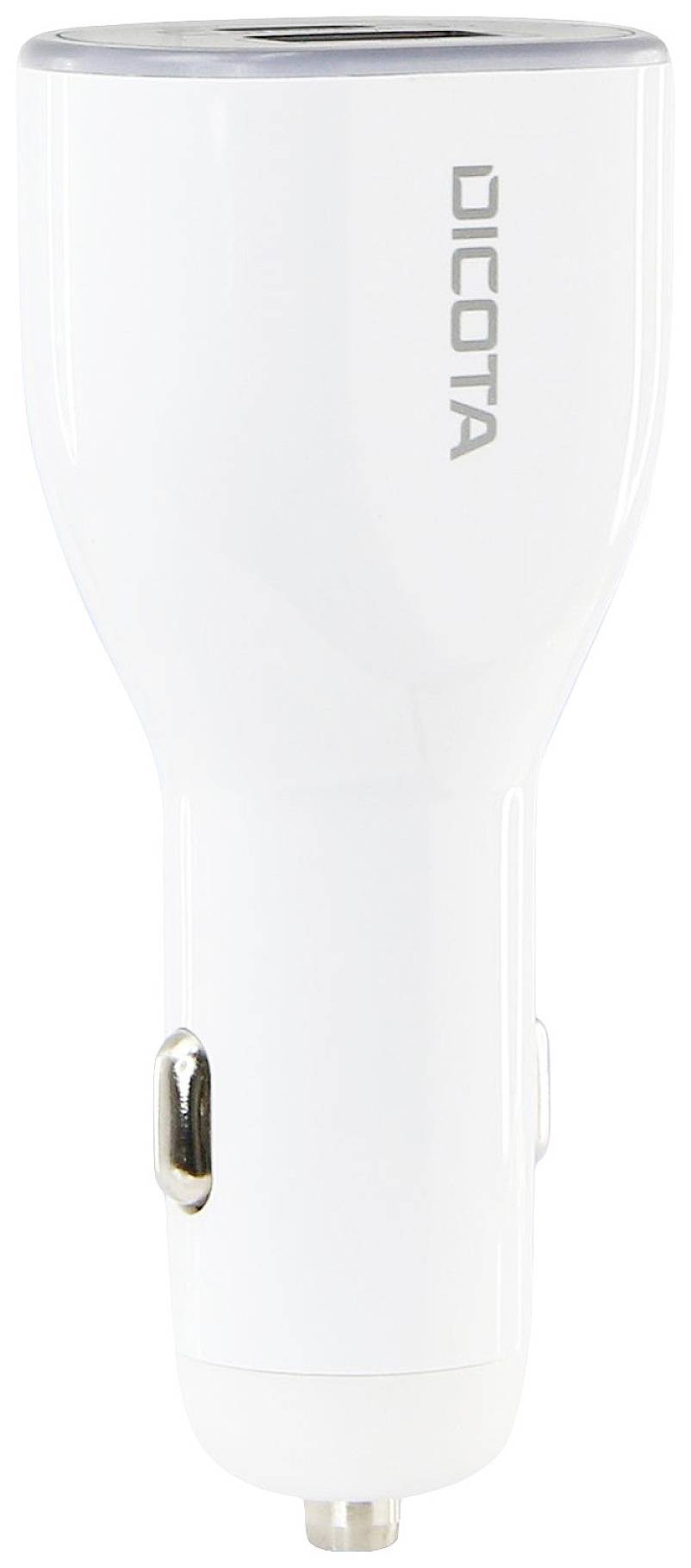Chargeur blanc pour allume-cigare de voiture avec le nom de marque 'DICOTA' sur le côté.