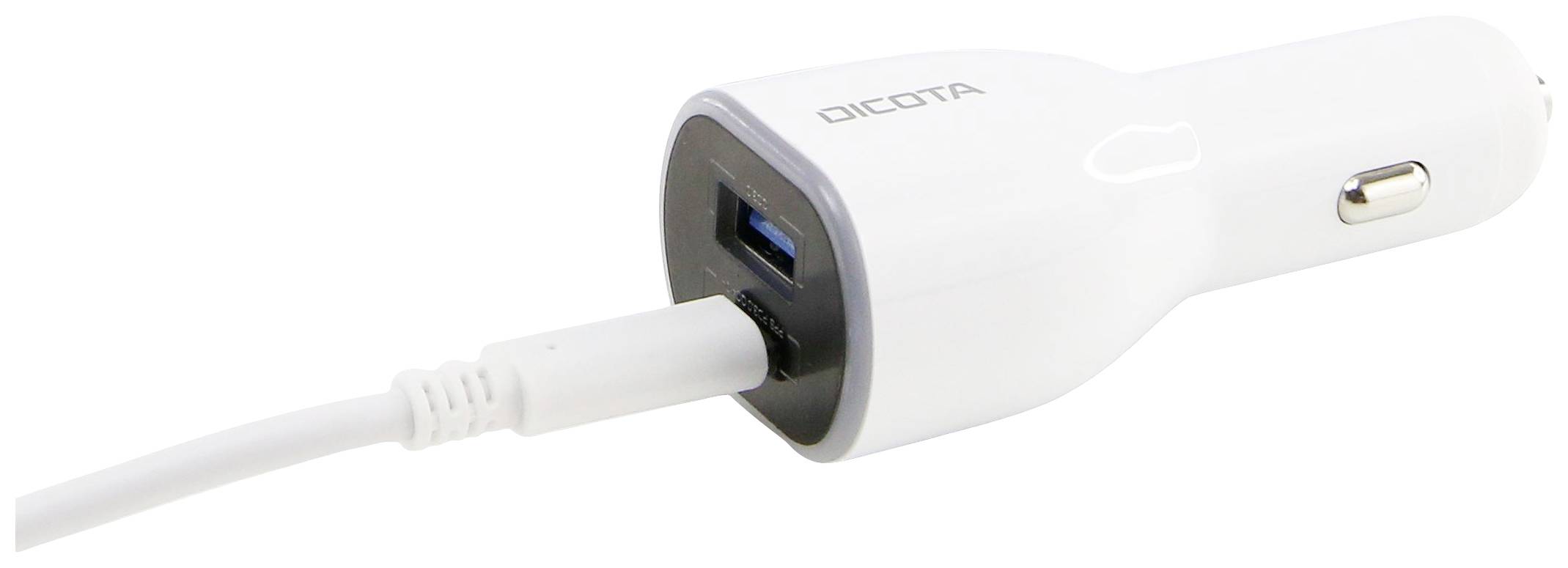 Un chargeur de voiture USB blanc avec un câble connecté, adapté pour charger des appareils pendant le trajet.