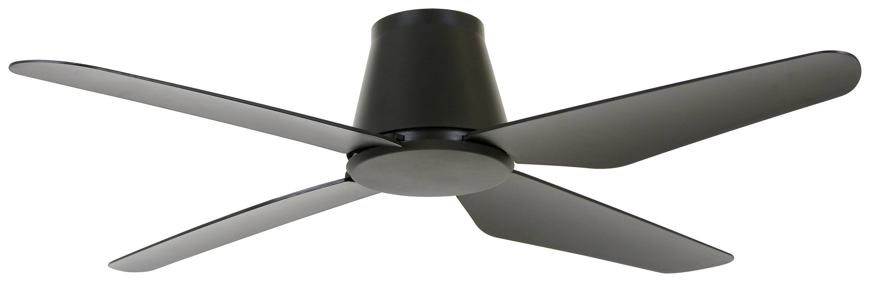 Un ventilateur de plafond noir avec quatre pales plates et rectangulaires.