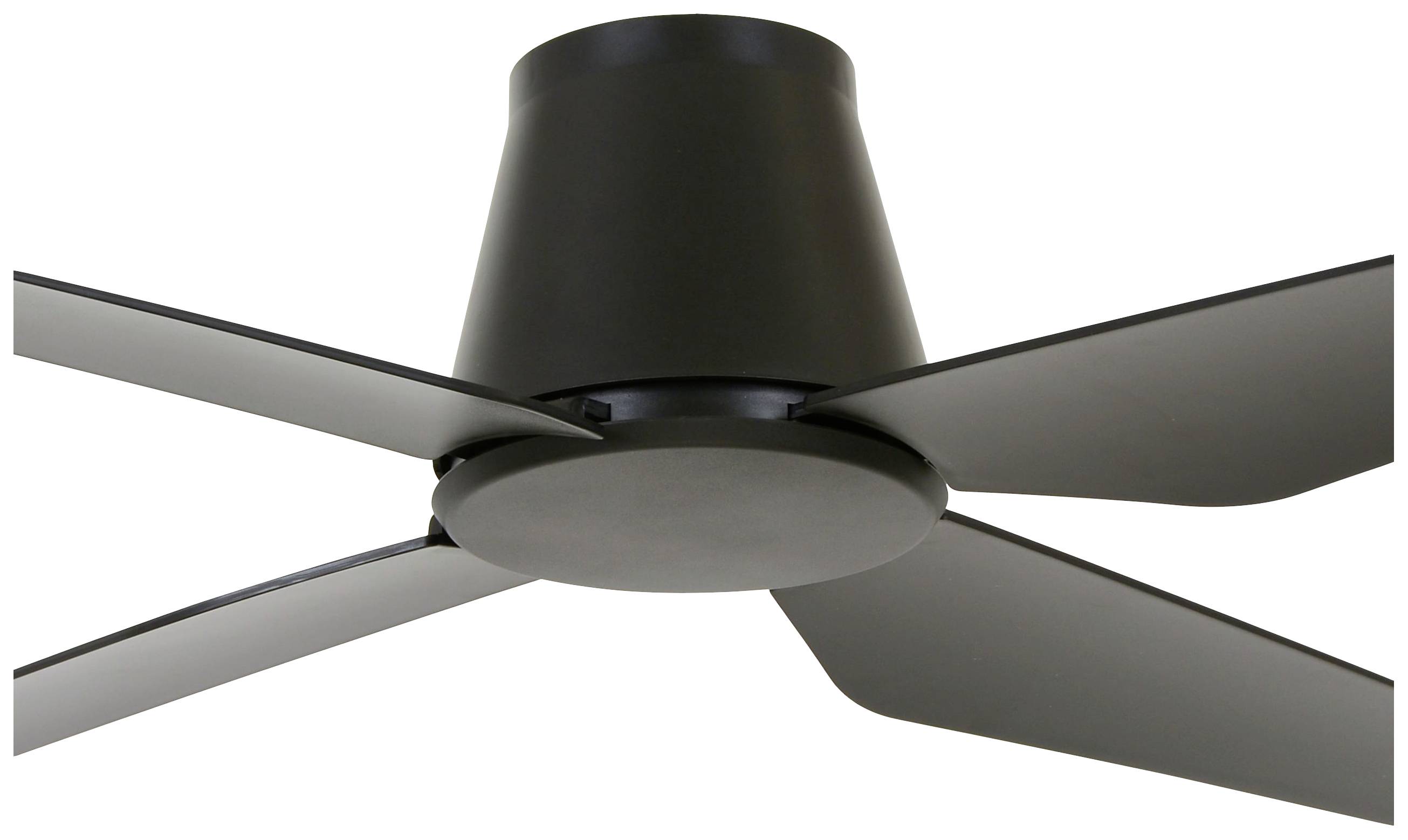 Un ventilateur de plafond moderne noir avec quatre pales plates, installé au plafond.