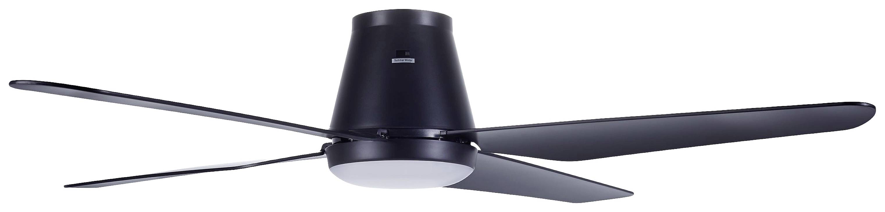 Ventilateur de plafond moderne avec quatre pales noires et moteur cylindrique.
