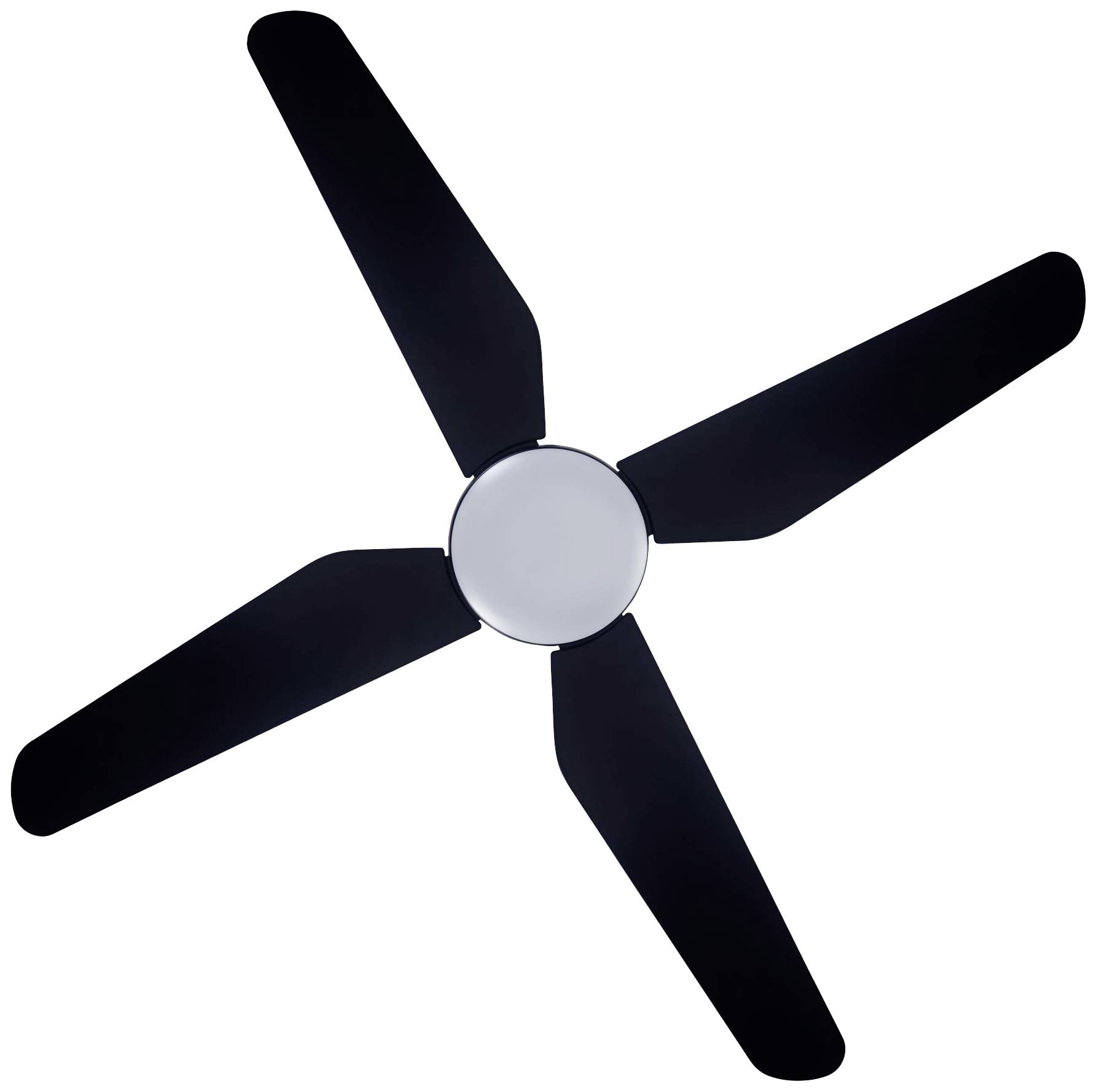 Un ventilateur de plafond à quatre pales noires tourne pour permettre la circulation de l'air.
