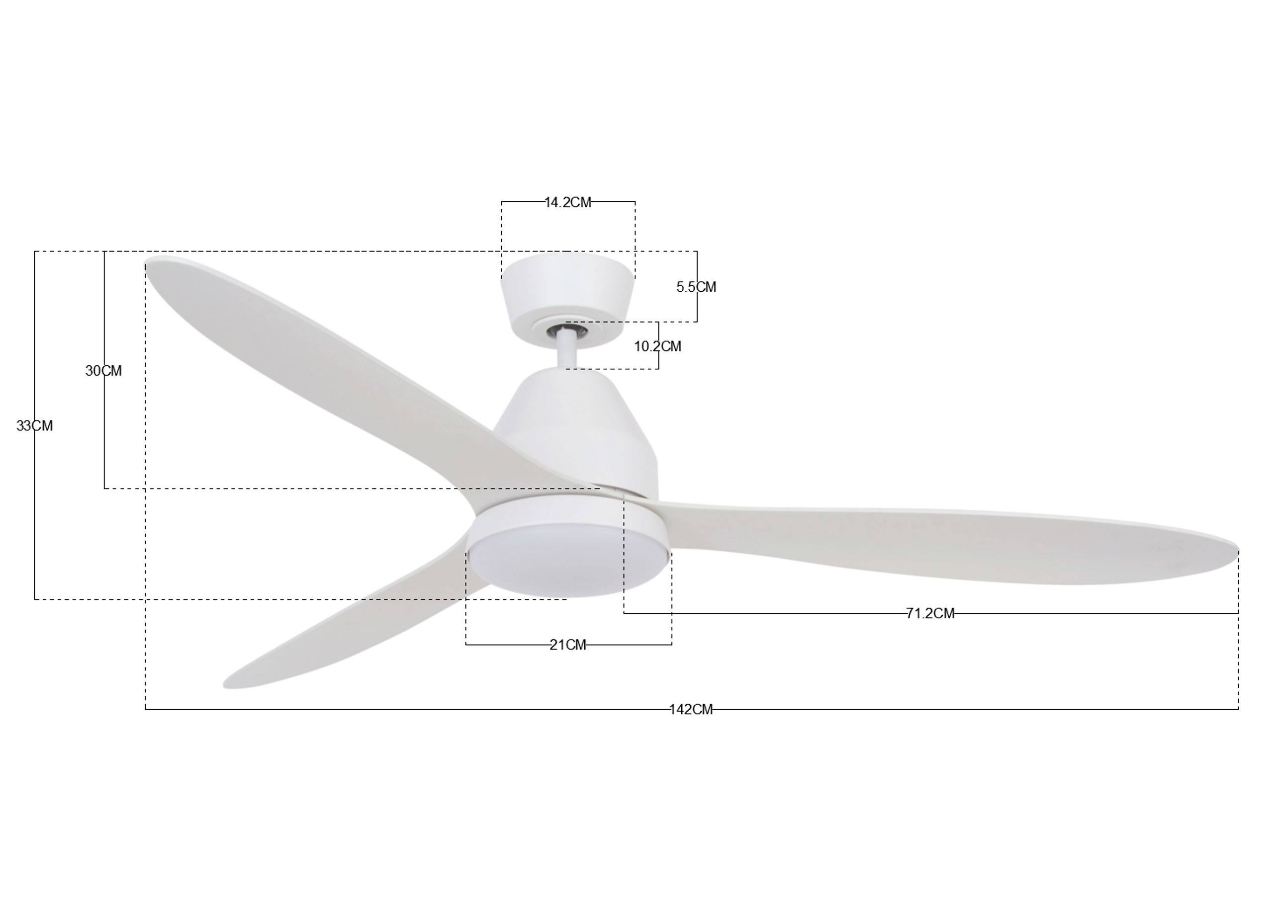 Ventilateur de plafond blanc à trois pales, dimensions : largeur de 44,2 cm, hauteur de 30 cm, diamètre de 21 cm, envergure des pales de 142 cm.