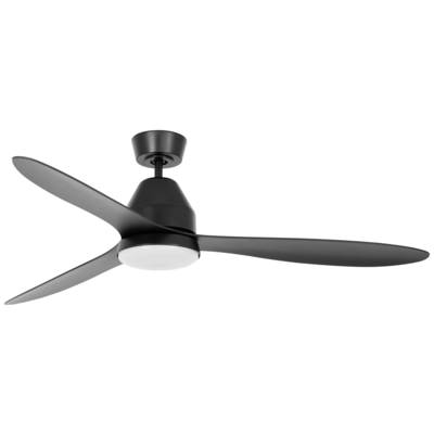Un ventilateur de plafond moderne au noir mat, doté de trois pales et d'un abat-jour rond au centre.