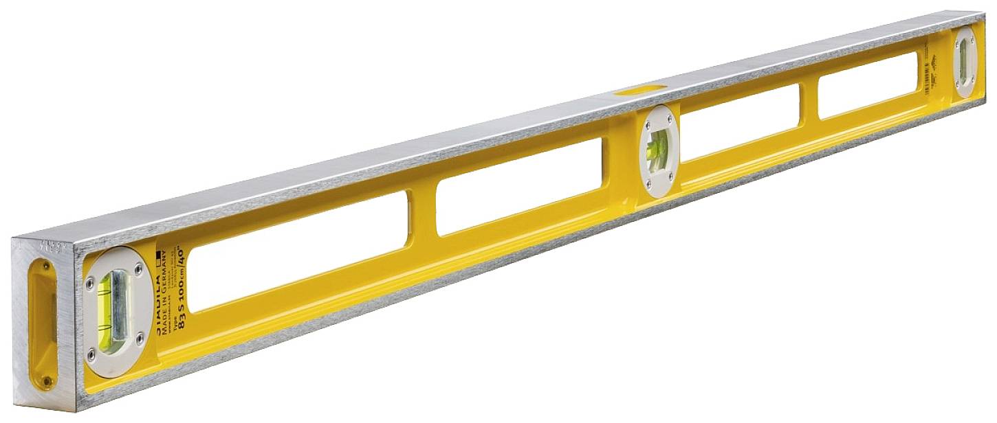 Niveau à bulle jaune en métal avec trois fioles pour un nivellement précis des surfaces. Idéal pour les travaux de construction et le montage.
