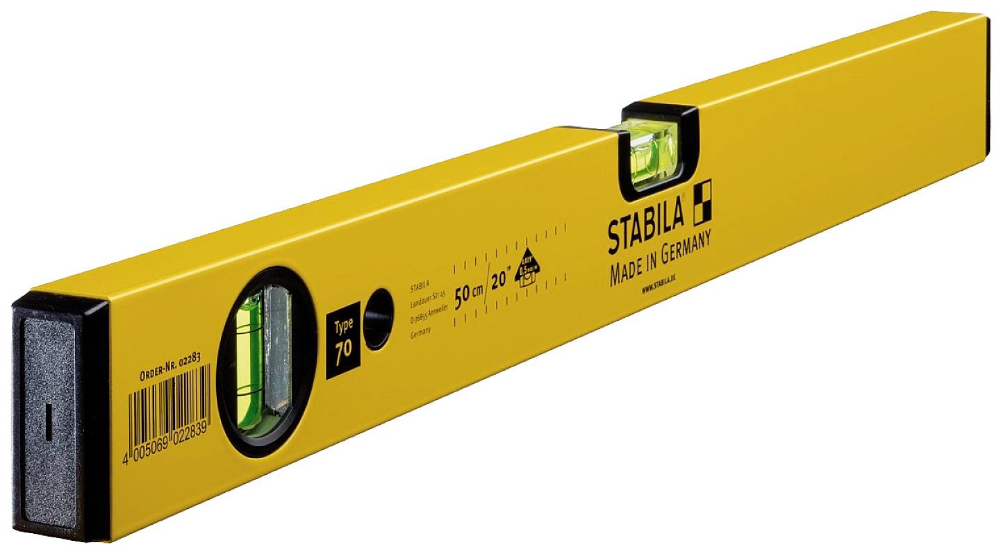 Un niveau à bulle jaune de la marque Stabila, long de 50 cm, avec deux fioles.