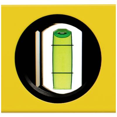 Un niveau à bulle vert au centre d'un boîtier jaune avec des bordures noires, indiquant un alignement horizontal.