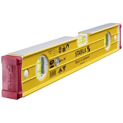 Niveau à bulle jaune avec embouts rouges, marque STABILA. Fabriqué en Allemagne. Comprend des repères de mesure et deux fioles pour le nivellement.