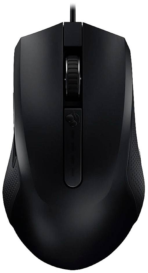 Souris d'ordinateur noire vue de dessus, avec une molette de défilement au centre et un port de connexion filaire sur le bord supérieur.