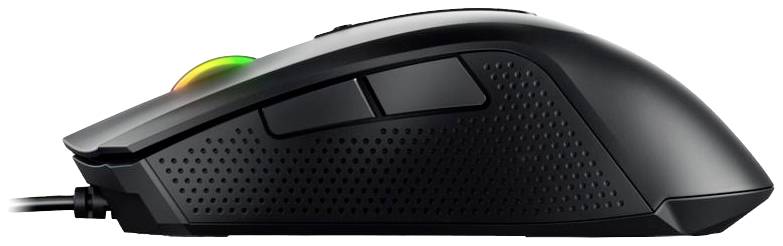Une souris de gaming noire avec deux boutons pour le pouce et une molette éclairée, avec le câble de connexion visible à gauche.