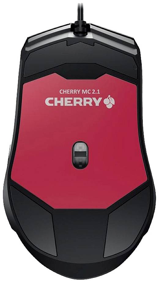 Vue de dessous d'une souris d'ordinateur, marquée 'CHERRY MC 2.1', avec un couvercle rouge au centre, un bord noir et un module capteur central.