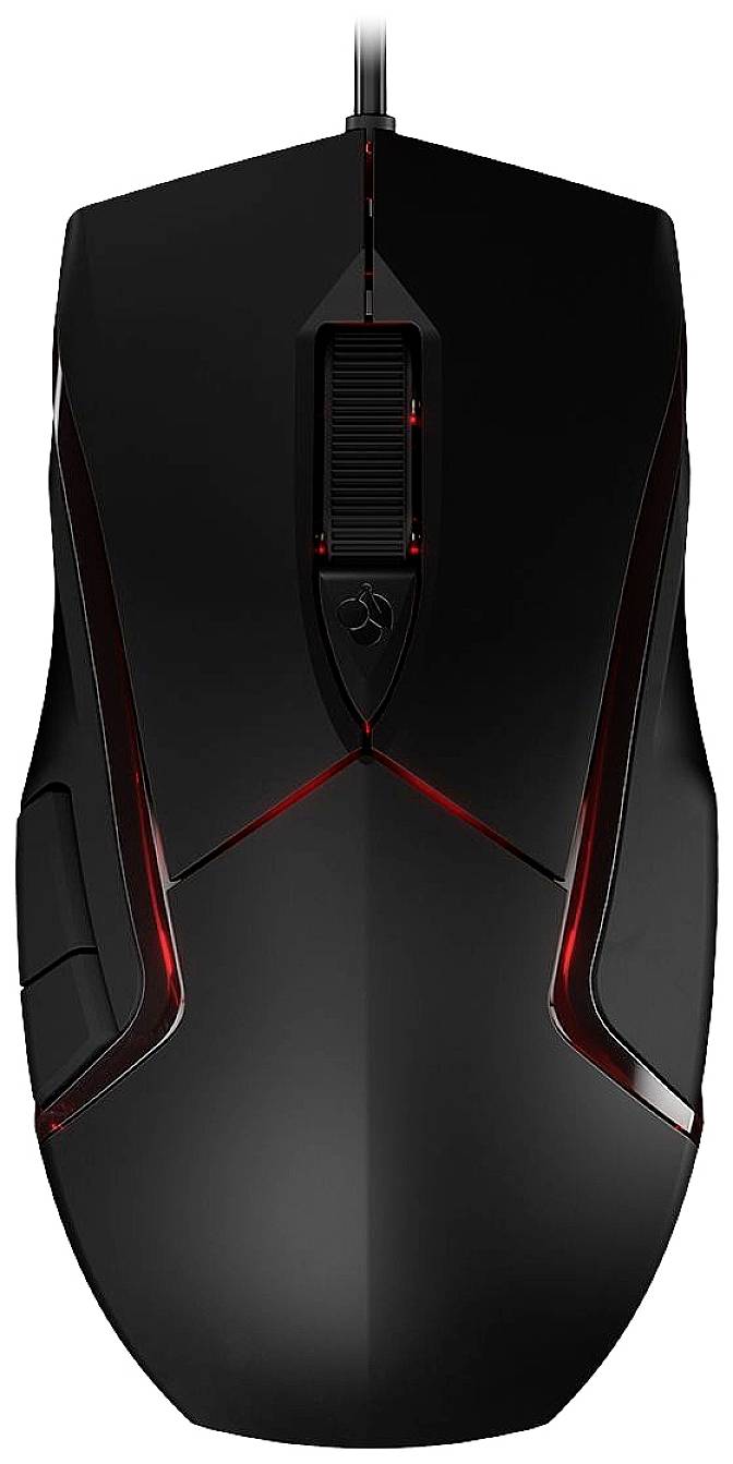 Souris de gaming noire ergonomique avec des lumières LED rouges et plusieurs boutons, conçue pour offrir un contrôle précis aux joueurs.
