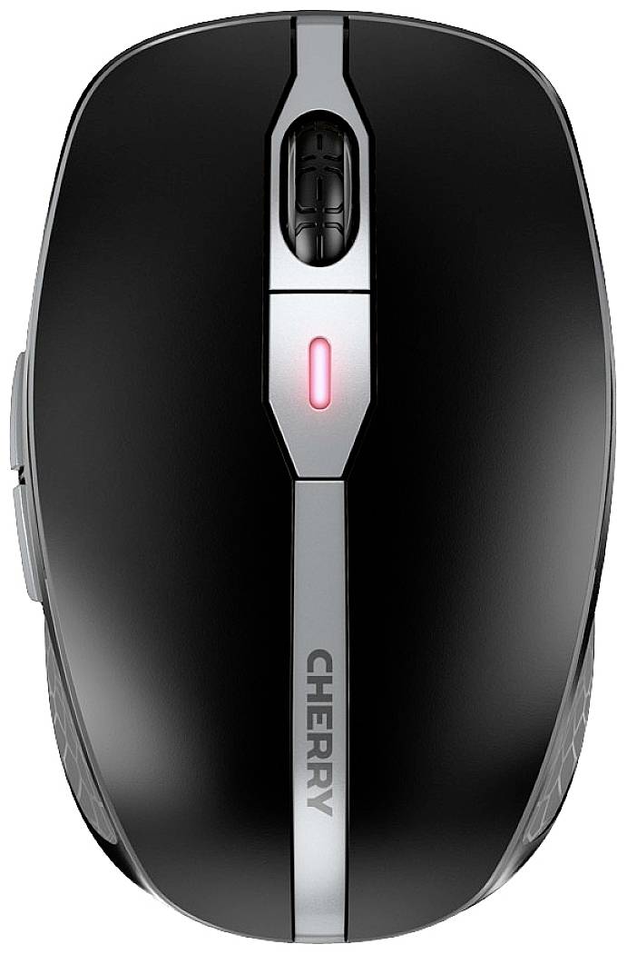 Souris d'ordinateur noire vue de dessus, avec une bande argentée et une lumière rouge.