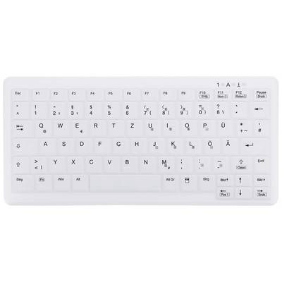 Clavier USB blanc au format QWERTZ avec rangée de touches de fonction et pavé numérique. Les touches sont étiquetées ; aucune information supplémentaire.
