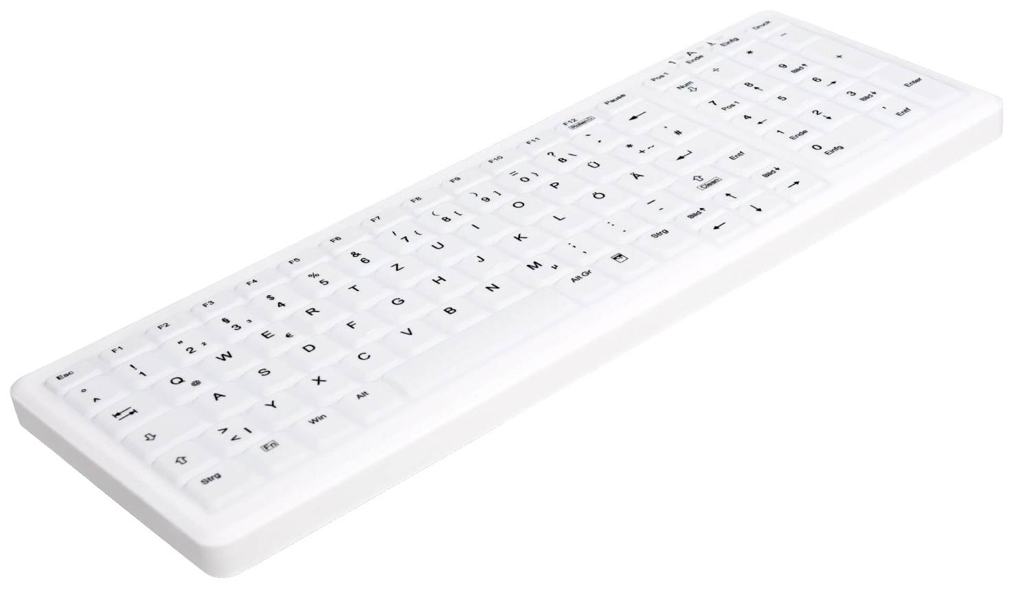 Clavier d'ordinateur blanc avec impression noire, sans touches spéciales ou arrière-plan.